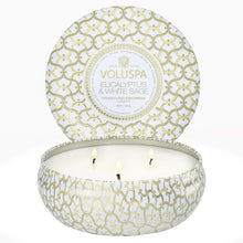 Load image into Gallery viewer, Eucalyptus + White Sage 3 Wick Tin Candle