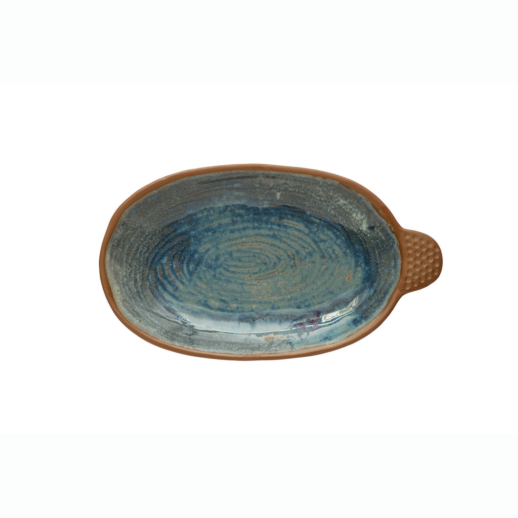 Stoneware Plate with Handle and Brown Rim